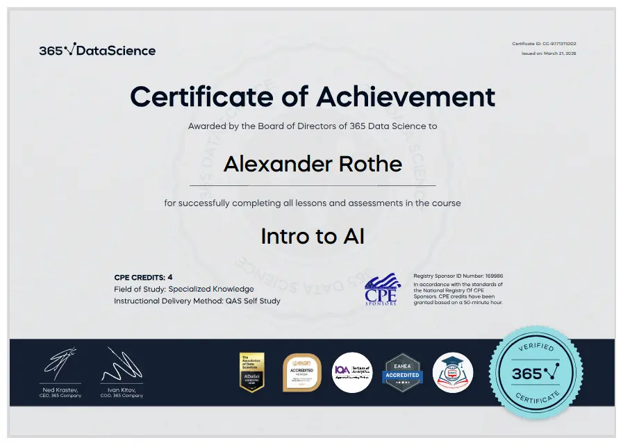 Zertifikat 365 Data Science: Intro to AI